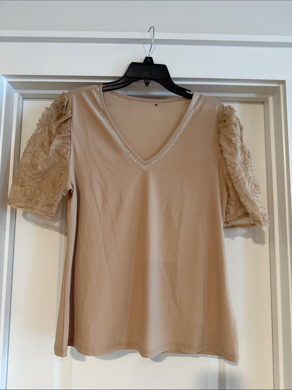 Beige V-Neck Top with Rosette Puff Sleeves